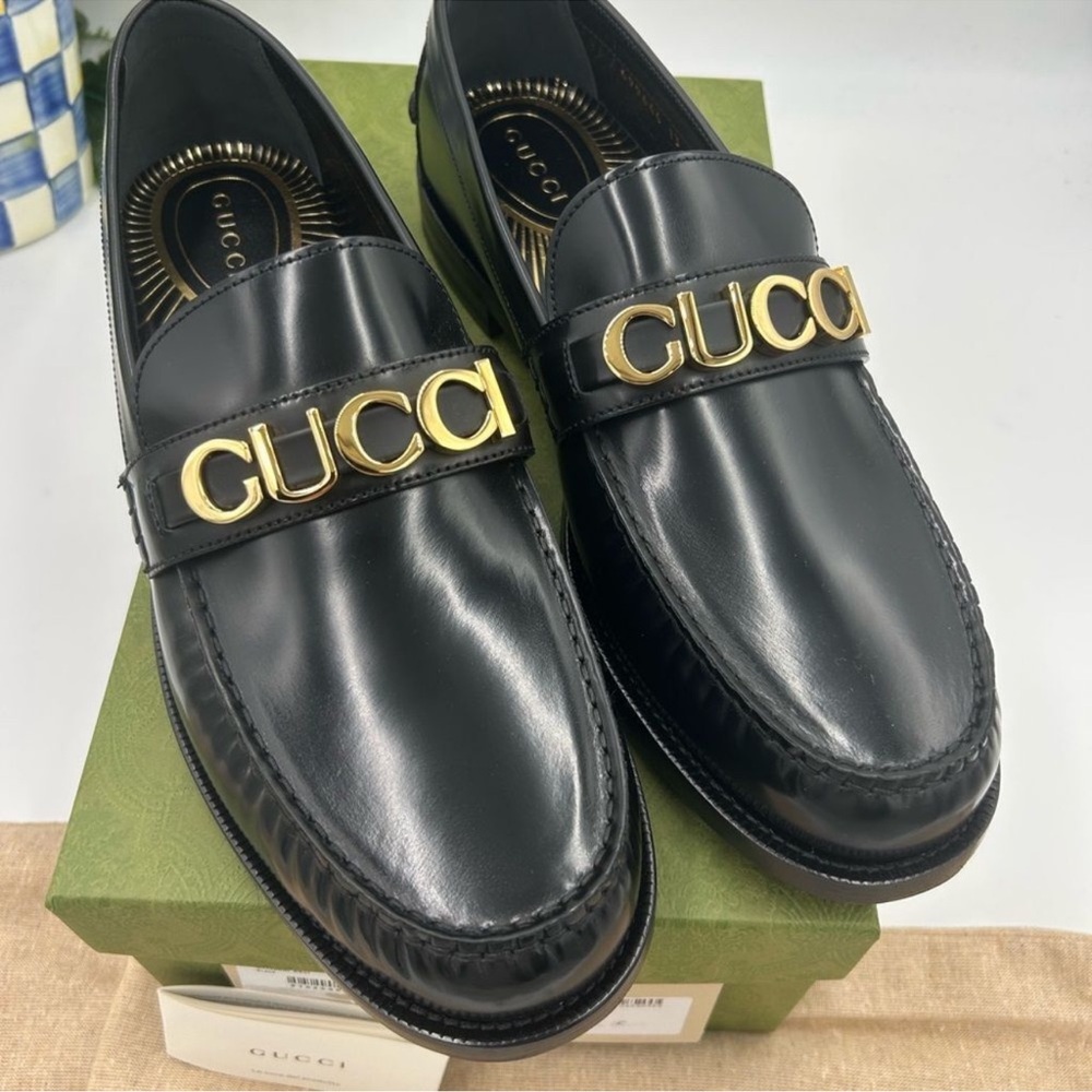 Men’s Gucci, gold logo, embellished, leather loafers size 13 made in Italy - Picture 2 of 9
